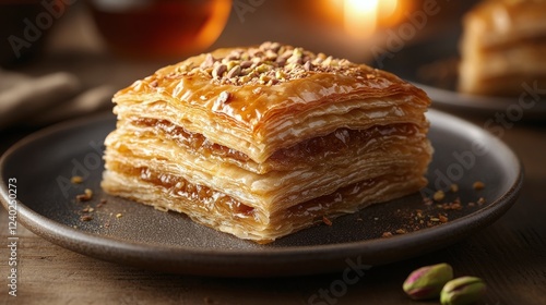 Delicious layers of pastry resting on a wooden plate in warm light setting