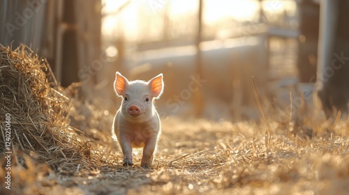 Piglet explores a sunny field near a rustic barn during golden hour in the co...