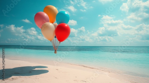 Colorful balloons resting on a serene beach under a bright blue sky with fluf...