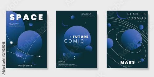 Planet and galaxy Space card vector set. Solar system with galaxy planets, asteroids, jupiter, saturn, mars, moon, ring line solar. Cosmic design for flyer, brochure, background, poster, cover.