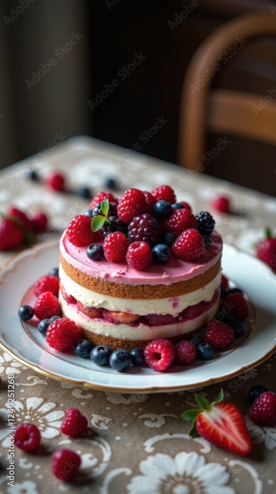 Layered dessert with creamy filling and fresh berry topping on a plate Layered dessert with creamy filling and fresh berry topping on a plate