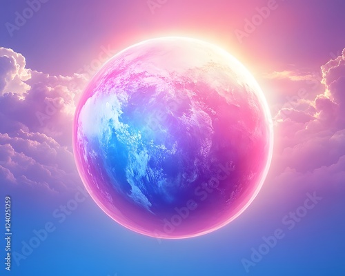 Vibrant Pink and Blue Planet Earth in Dreamlike Cloudscape