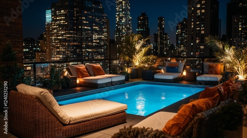 Rooftop poolside paradise with stylish rattan loungers  warm LED lighting  and a majestic urban skyline glowing in the background.