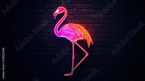 A minimalist neon art of a bright flamingo standing on one leg, glowing pink and orange against a matte black brick wall, creating a tropical vibe.