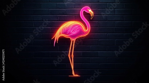 A minimalist neon art of a bright flamingo standing on one leg, glowing pink and orange against a matte black brick wall, creating a tropical vibe.