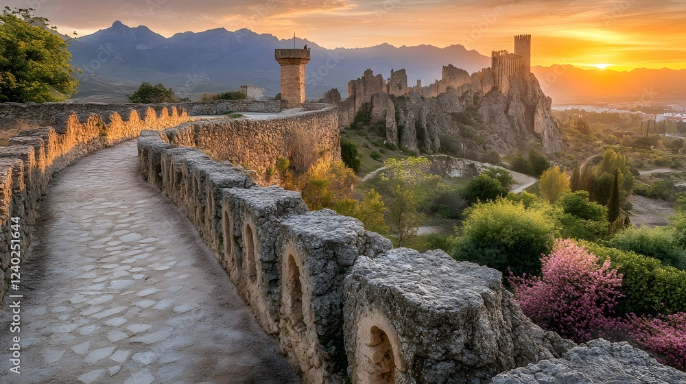 Ancient Stone Castle Wall Pathway Sunset Landscape Ancient Stone Castle Wall Pathway Sunset Landscape