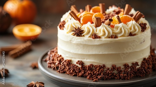 Deliciously crafted cake topped with fresh spices and orange slices on a rust...