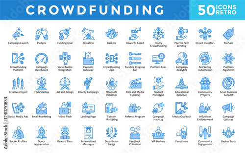 Crowdfunding icons set with campaign launch, pledges, funding goal, donation, backers, rewards based, equity crowdfunding, peer to peer lending, crowd investors icon. Simple retro vector 
