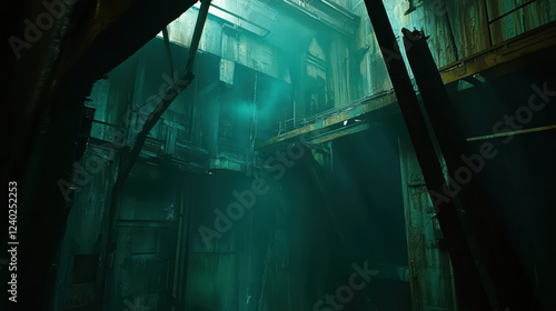 Creepy old factory with rusted beams and darkened corners, creating eerie atmosphere filled with mist and shadows. sense of abandonment is palpable photo