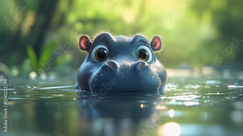 Curious hippo peeks from the water surrounded by lush greenery in the afterno...