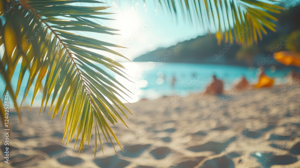 Fototapeta premium palm leaves on a blurred background of a beach with tourists. The concept of summer holidays, vacations and travel