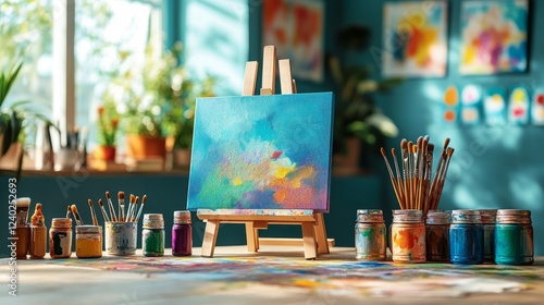 Colorful painting setup with brushes and paints in bright, creative studio en...