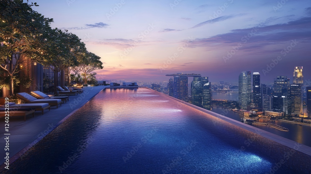 Stunning rooftop infinity pool with warm ambient lighting, surrounded by comfortable loungers and stylish cabanas, overlooking a vibrant city skyline. Stunning rooftop infinity pool with warm ambient lighting, surrounded by comfortable loungers and stylish cabanas, overlooking a vibrant city skyline.