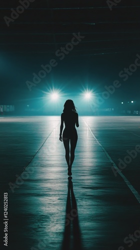 Woman walking on an empty runway at night with bright lights in the backgroun...