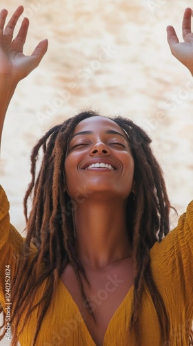 Joyful woman celebrating outdoors with raised arms in a sunny setting