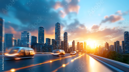 Self-driving pods navigate urban landscape futuristic city digital art sunset dynamic view aesanaspik ai-powered transport hub photo