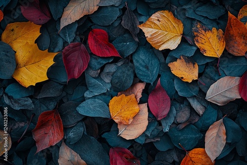 Autumn leaves ground cover, dark background, fall texture, design element