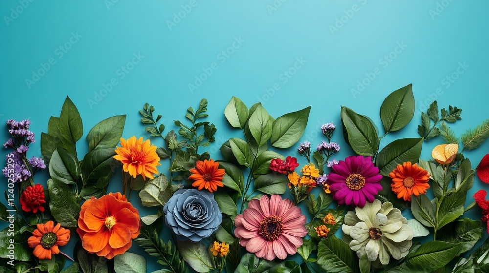 Obraz premium Vibrant Display of Colorful Flowers on a Bright Blue Background Showcasing Nature's Beauty and Diversity in a Playful and Cheerful Arrangement Evoking Joy and Freshness in Springtime