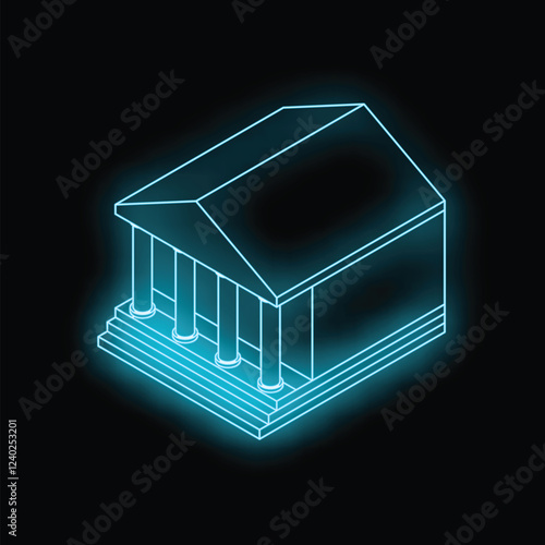 Isometric projection of a classic bank building glowing on a black background