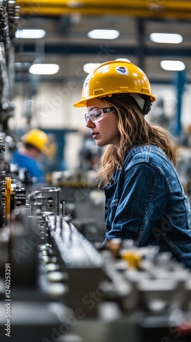 Young woman focuses intently on machinery while working in a factory during t...