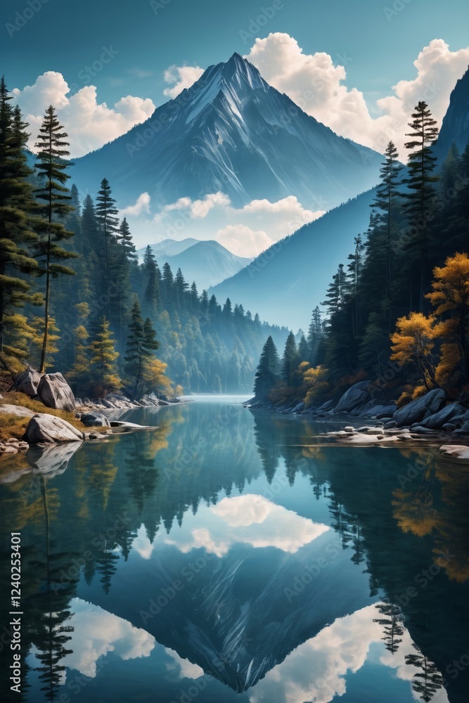 Naklejka premium painting of a mountain with a lake and trees in the foreground