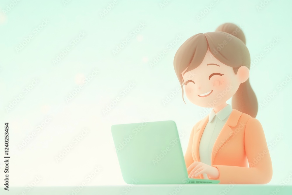 A cheerful cartoon businesswoman smiles while working on her mint green laptop. A cheerful cartoon businesswoman smiles while working on her mint green laptop.