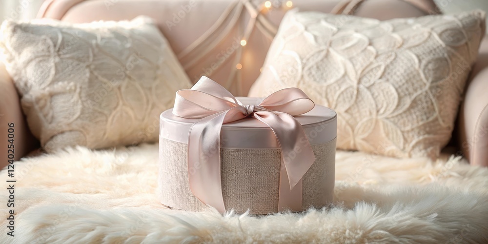 A delicately wrapped present, adorned with a blush-toned ribbon, rests invitingly on a plush, fluffy surface, nestled amongst soft textured pillows on a comfortable chair. A delicately wrapped present, adorned with a blush-toned ribbon, rests invitingly on a plush, fluffy surface, nestled amongst soft textured pillows on a comfortable chair.