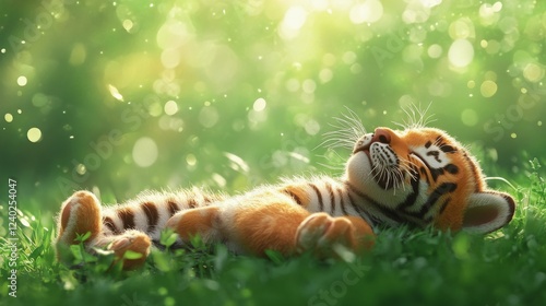 Baby tiger resting peacefully in lush green grass during a sunny afternoon
