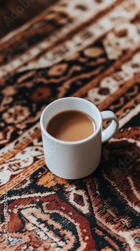 Warm cup of coffee resting on a colorful, patterned rug at home in the mornin...