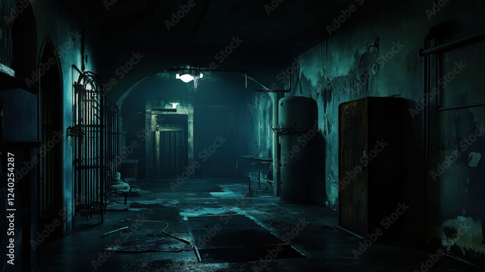 Creepy warehouse interior with dark corners, rusted equipment, and eerie lighting creates haunting atmosphere. abandoned space evokes feelings of mystery and unease Creepy warehouse interior with dark corners, rusted equipment, and eerie lighting creates haunting atmosphere. abandoned space evokes feelings of mystery and unease