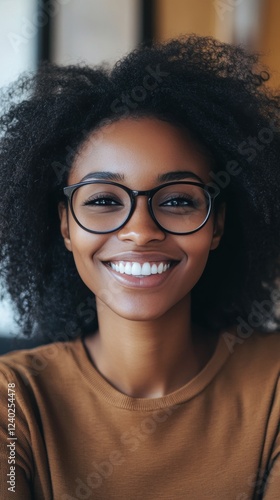 Young woman with glasses smiling warmly in a cozy indoor setting during daytime