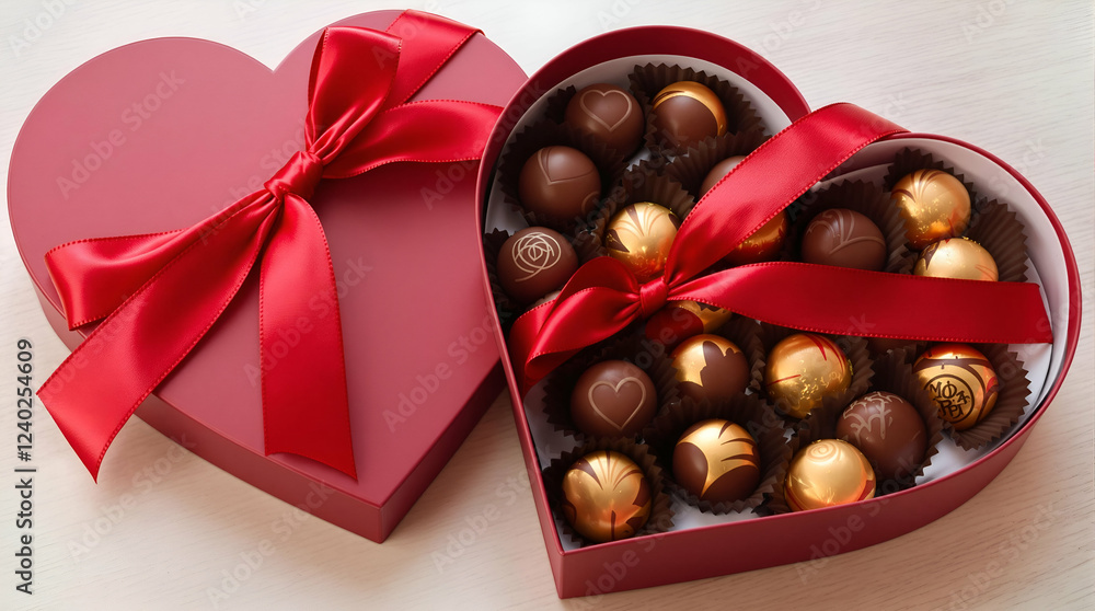 Heart-Shaped Box of Chocolates with Silky Red Ribbon and Gold Foil Wrappers Ideal for Valentine's Day, Gift Ideas or Sweet Treat-Themed Designs and Projects Heart-Shaped Box of Chocolates with Silky Red Ribbon and Gold Foil Wrappers Ideal for Valentine's Day, Gift Ideas or Sweet Treat-Themed Designs and Projects