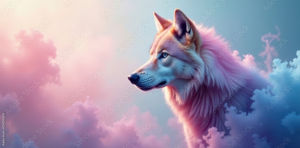 Naklejka premium A Serene Wolf Amidst Pastel Clouds, a Dreamlike Portrait of Canine Majesty