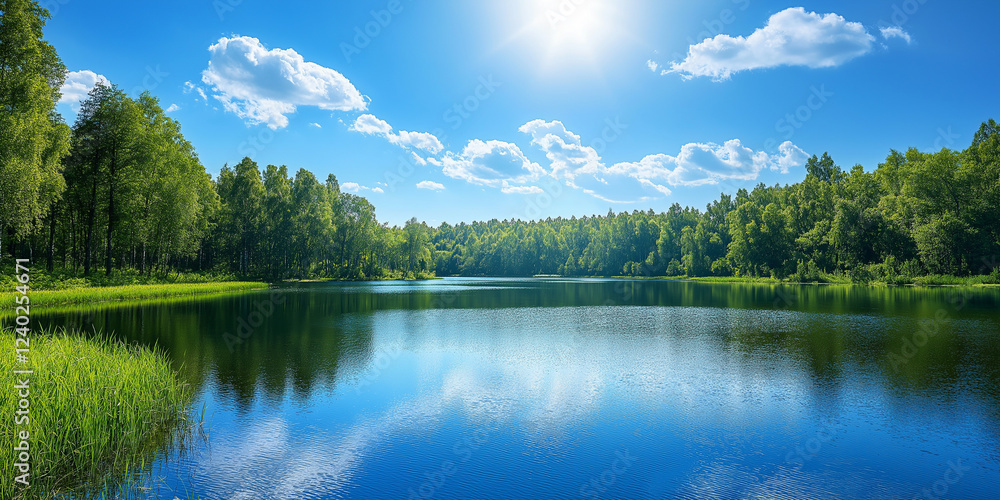 Colorful summer view of lake, Mountain Background Colorful summer view of lake, Mountain Background