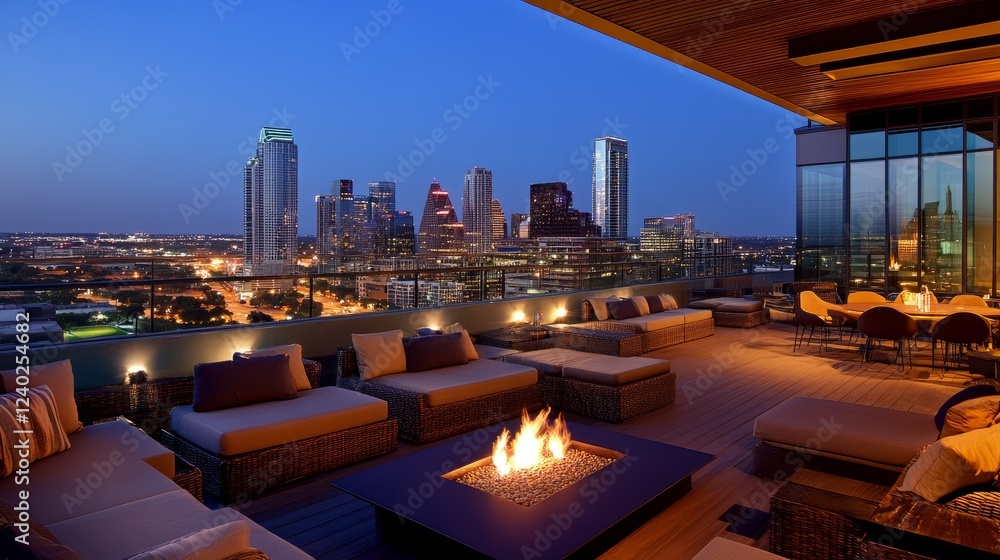 Obraz premium Upscale rooftop lounge in a luxury apartment, offering sleek seating, modern lighting, and an expansive view of the city lights.