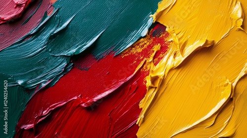 Colorful brush strokes blending red, yellow, and green tones on a textured su...