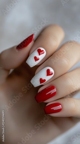 Trendy red and beige heart nail design showcased on stylish hand in cozy setting