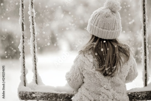 Child on swing in snowy landscape with falling snowflakes during winter after...