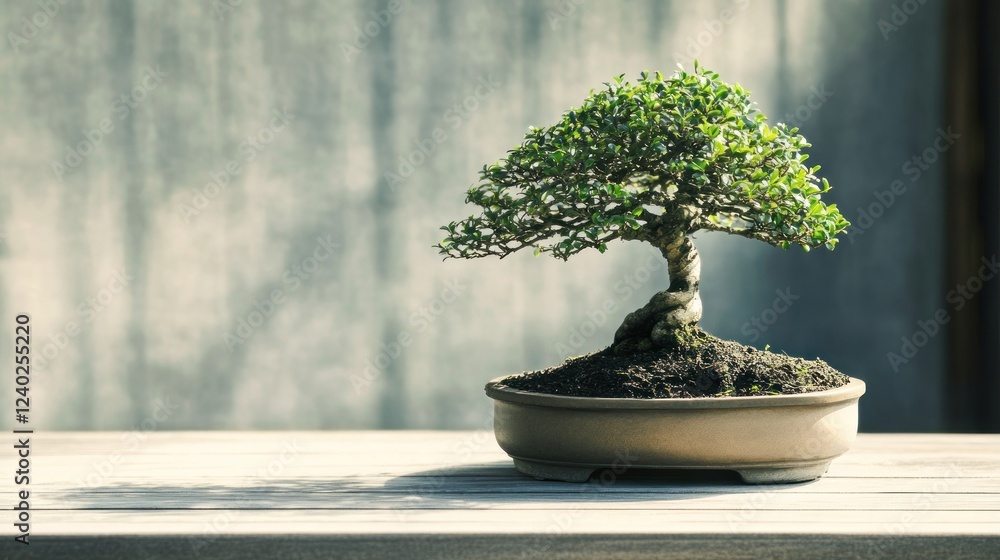 Miniature Bonsai Tree with Twisted Trunk in a Pot on a Wooden Table Miniature Bonsai Tree with Twisted Trunk in a Pot on a Wooden Table