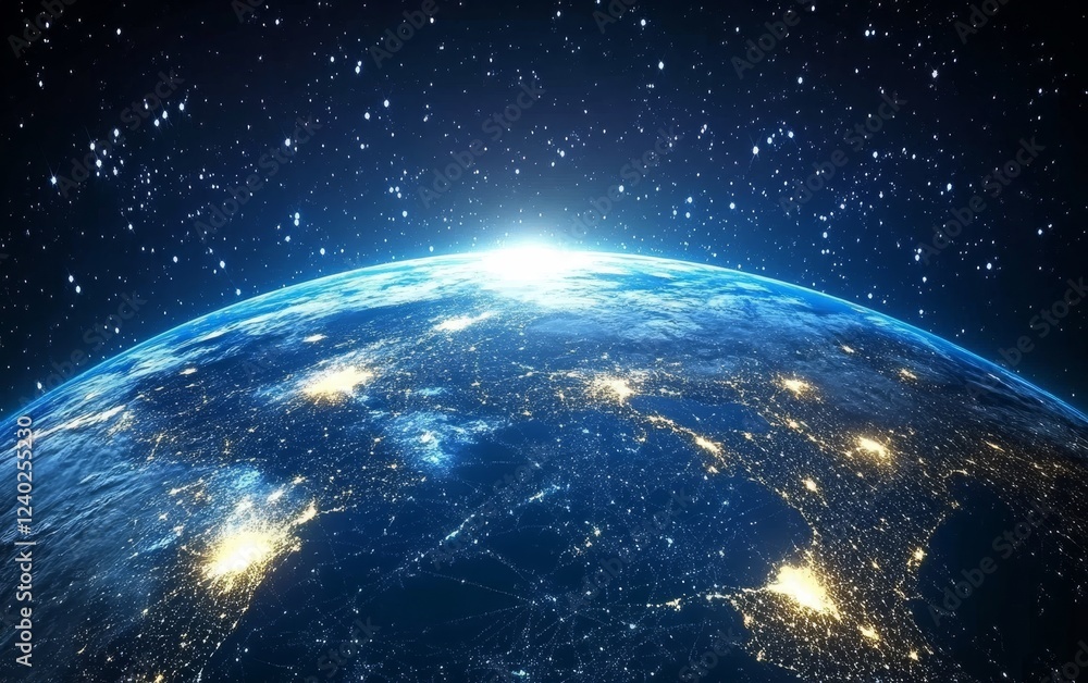 Fototapeta premium Earth sunrise, space, city lights, global network, backdrop