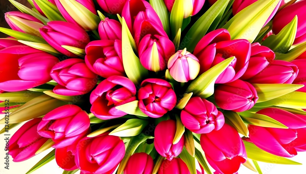 Obraz premium Vibrant fuchsia and hot pink tulips with bold hues, exuding energy and passion, contrasted against lush green stems in a striking floral display.