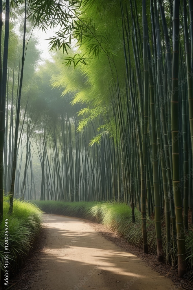 Fototapeta premium arafed view of a path through a bamboo forest with a bench