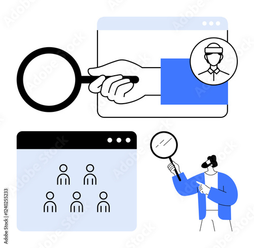 Magnifying glass in hand over web profiles, team grid interface, and user inspection by a character. Ideal for recruitment, HR, hiring, talent search, research, evaluation abstract line flat