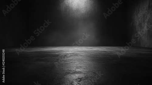 dark, grunge warehouse with empty spaces and flickering shadows creates mysterious atmosphere. smooth, reflective floor enhances eerie ambiance of scene