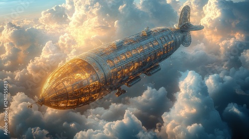Futuristic spacecraft flying through clouds at sunrise in a vivid and imagina...