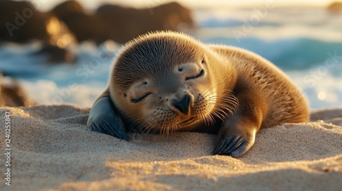 Cute seal pup relaxing on sandy beach at sunset by the ocean