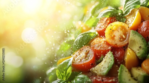 Fresh garden salad featuring cherry tomatoes, avocados, and basil in natural ...