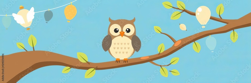 Fototapeta premium Vector collection of boy baby shower themed owls and branches, branch, decorations, baby shower