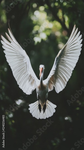 Elegant white bird soaring gracefully through the air in a dark background