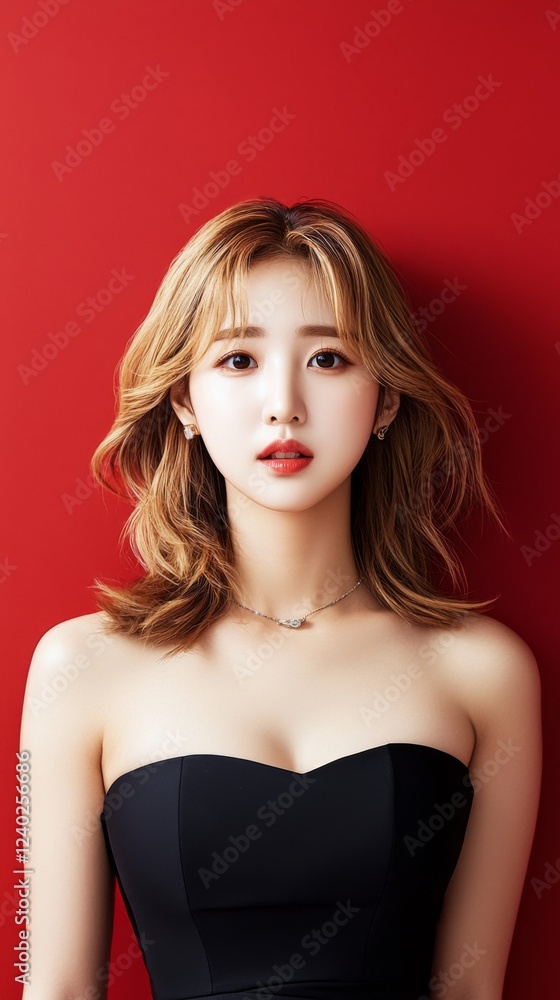 Fototapeta premium Elegant portrait of a woman in a black dress against a red background fashion photography indoor studio close-up